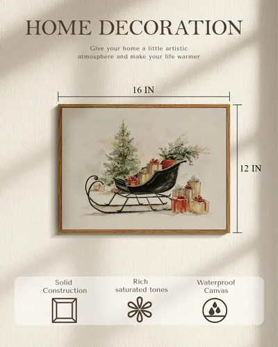 Vista 4 de Arte de pared con trineo, árbol navideño y cajas de regalo, 12 x 16 pulgadas, lienzo enmarcado de Navidad, cuadro rústico festivo, obra de arte