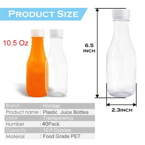 Vista 5 de Holotap Botellas vacías de plástico PET de 10 onzas, paquete de 35 botellas transparentes desechables a granel con tapas blancas a prueba