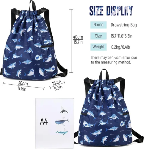 Vista 2 de Ryushoyo Bolsa impermeable con cordón para gimnasio, mochila deportiva para hombres, mujeres, niñas y niños, Tiburón Azul Oscuro, Classic