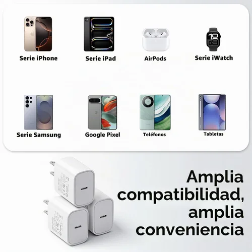 Vista 3 de Paquete de 3 cargadores tipo C con cable de 1.8 m de carga rápida para iPhone 17/16/15, bloques de carga USB C de 25 W súper rápidos para Samsung