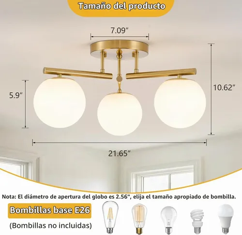 Vista 6 de Lámpara de techo Sputnik de latón de 3 luces, lámpara de techo semiempotrada, latón dorado de 21.65 pulgadas, globo de vidrio lechoso de mediados