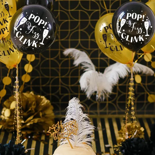 Vista 3 de Impresionantes globos de látex impresos con texto en inglés "Happy New Year", color negro, plateado y dorado, 12 pulgadas (paquete de 15), calidad
