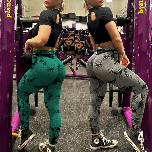 Vista 3 de Leggings sin costuras de teñido anudado para mujer, pantalones de yoga de cintura alta, mallas de compresión para levantamiento de glúteos