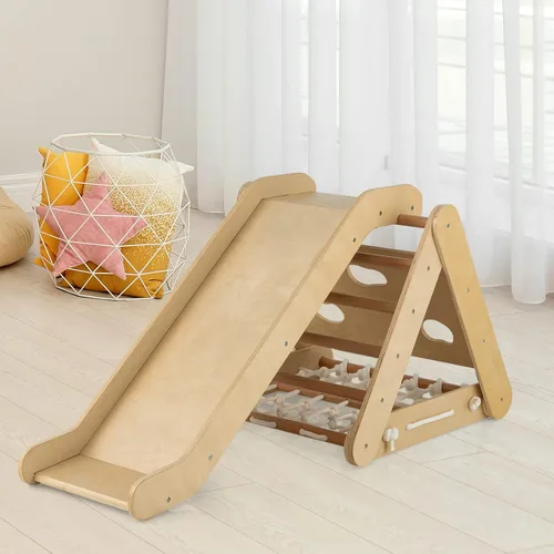 Vista 7 de HONEY JOY Escalador triangular 4 en 1 con rampa, escalera triangular de 3 lados para niños con cuerda de red y barras, juguetes de escalada Natural