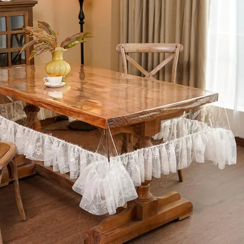 Vista 18 de ARTABLE - Mantel rectangular de vinilo de PVC con encaje beige, 52 x 70 pulgadas Waterproof clear vinyl protects tables while the lace macrame