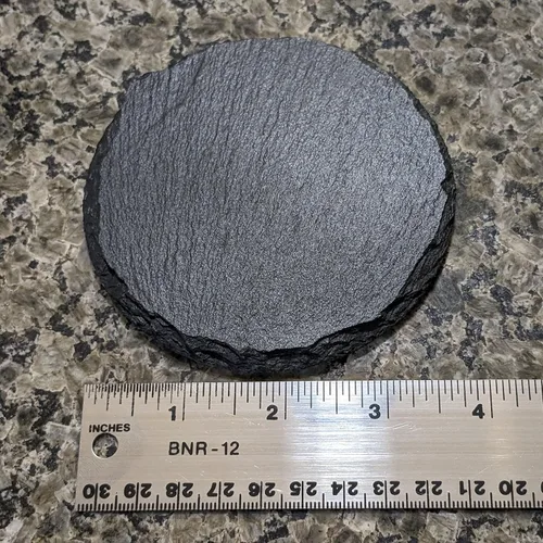 Vista 4 de Engraved Classic Compact Hatchback Coasters Set of 4 – Round – Made in USA Round slate coasters with a laser-engraved 1970s compact hatchback — a