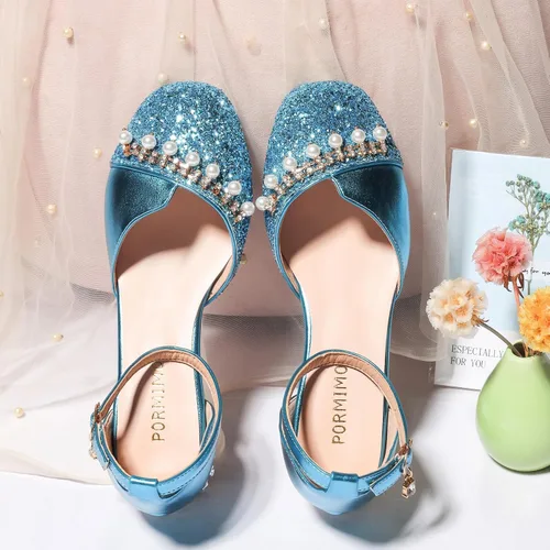 Vista 4 de Zapatos de vestir para niñas, tacones altos, zapatos planos para niños pequeños, zapatos de flores con purpurina brillante, para fiesta, boda