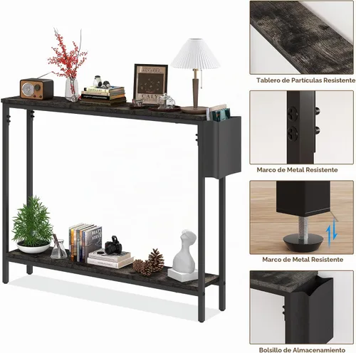 Vista 5 de Bigbiglife Mesa de Consola de Entrada de 39.4", Mesa de Sofá Estrecha Industrial de 2 Niveles con Estantes de Almacenamiento para Pasillo, Sala