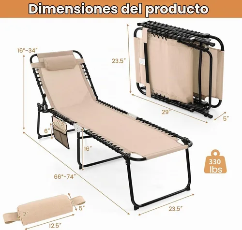 Vista 3 de Goplus Tumbona para exteriores, silla plegable de 5 posiciones para playa, con almohada desmontable, bolsillo lateral, tumbona para tomar el sol