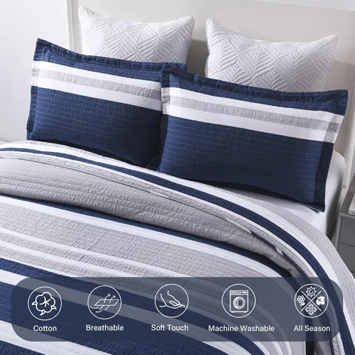 Vista 4 de Finlonte Juego de ropa de cama ligera de verano 100% algodón, a rayas azul marino, para todas las estaciones, 3 piezas