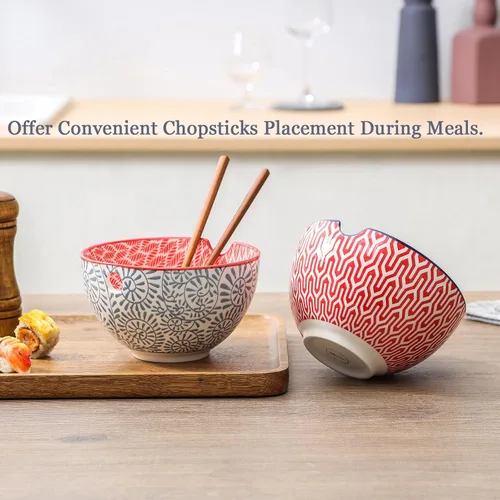 Vista 5 de Selamica Juego de cuencos de cerámica para ramen, cuencos de fideos de 15 onzas para cocina con palillos, cuencos profundos para sopa japonesa