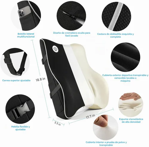 Vista 4 de Almohada de apoyo lumbar, soporte de espalda de espuma viscoelástica para silla de oficina, silla de computadora, asiento de coche, sillón