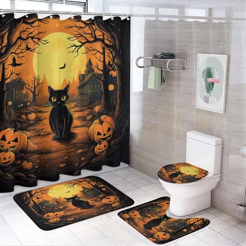 Vista 12 de Juego de 4 cortinas de ducha de Halloween, gato negro, luna llena, calabaza aterradora, cortina de ducha y alfombras, juego de cortina de ducha