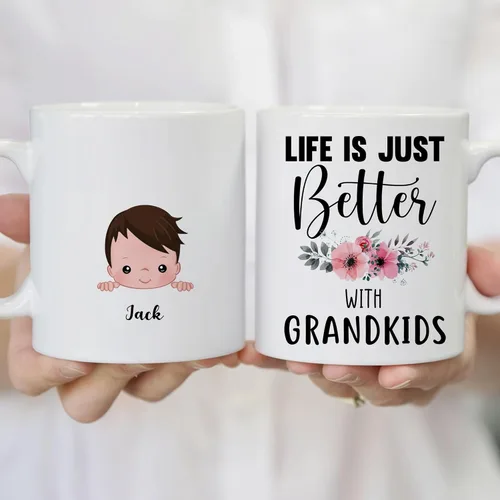 Vista 4 de Gossby Taza personalizada Life is Better With GrandKIDS (1 niño), taza personalizada de regalo para abuelos con avatares de nietos, nombres, 11