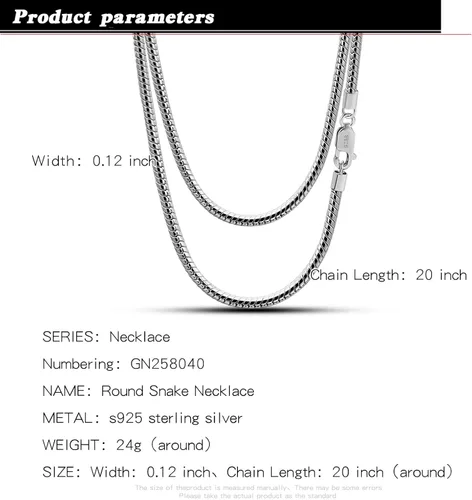 Vista 2 de H&Beautimer Collar clásico unisex de plata de ley 925 de 0.118-0.157in redondo de serpiente para hombres y mujeres, joyería fina de fiesta, collar