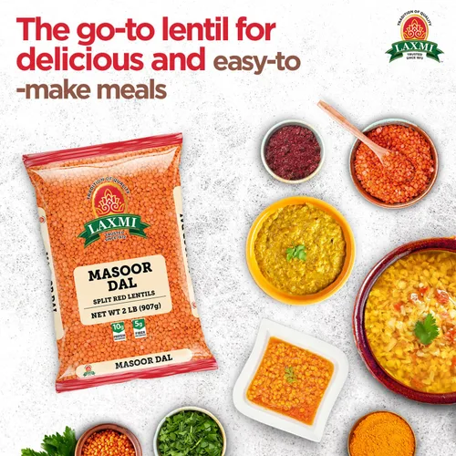 Vista 5 de Laxmi Masoor Dal o lentejas rojas, 2 libras Lentejas Masoor dal puras Lentejas rojas partidas premium Una fuente natural de proteínas