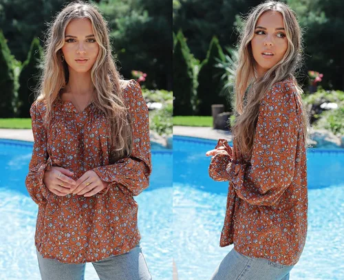 Vista 3 de HOTOUCH Blusas de manga larga para mujer, estilo bohemio, estampado floral, estilo casual, cuello en V, plisadas, con cordón ajustable