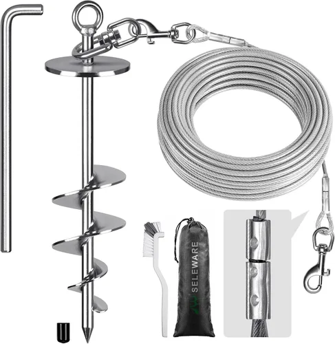 Vista 10 de SELEWARE Cable de amarre y estaca para perros, anclaje giratorio de 17 pulgadas a prueba de óxido con cable resistente de 15 pies para perros