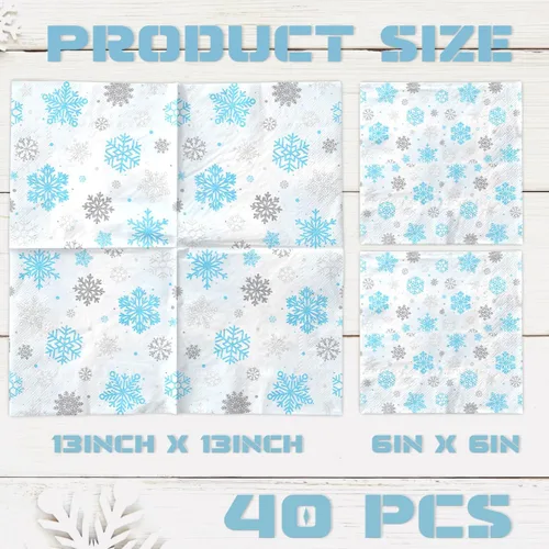 Vista 3 de Servilletas de invierno con copos de nieve para decoración de fiesta, diseño de copo de nieve de invierno, azul y blanco del país de las maravillas