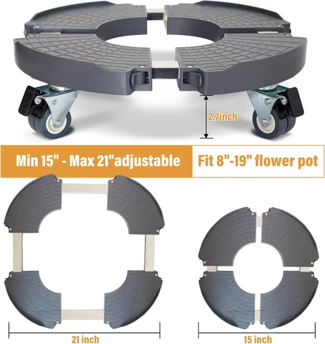 Vista 3 de Paquete de 2 soportes rodantes para plantas con ruedas, 15-21 pulgadas, ajustable, resistente, con ruedas para macetas de interior y exterior