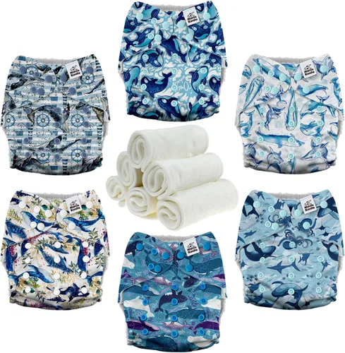 Vista 2 de Mama Koala Pañales de tela para bebé 3.0 con 6 insertos (ballenas), con 2 rollos de forros naturales desechables