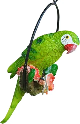 Vista 5 de Estatua colgante de perca de pájaro, anillo redondo, escultura de loro, estatua de guacamayo, esculturas de jardín, estatuas para patio, verde