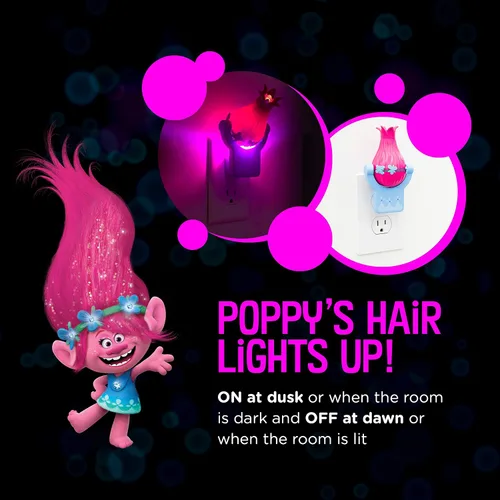 Vista 3 de Projectables Trolls World Tour - Luz nocturna LED, enchufable, del atardecer al amanecer, con certificación UL, imagen de Poppy, Branch y DJ Suki
