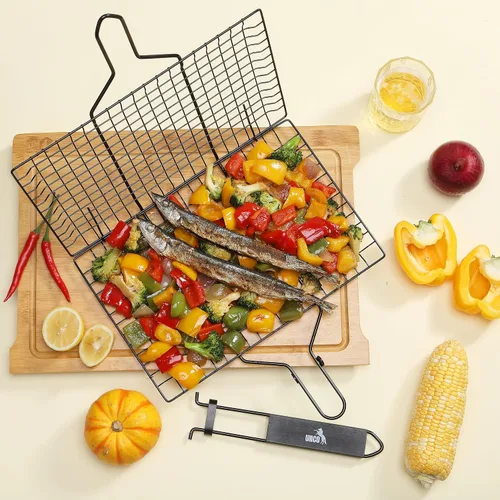 Vista 6 de UNCO- Cesta para parrilla de barbacoa, plegable, portátil, de acero inoxidable, con mango de madera extraíble y cepillo para untar, para verduras
