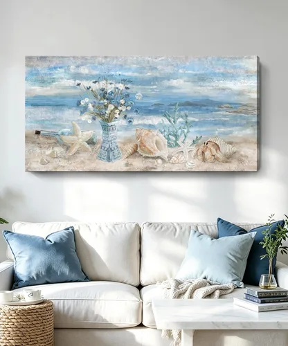 Vista 21 de Arte de pared para decoración de baño, imagen de playa azul, tema oceánico, impresión en lienzo de flores, pintura moderna de paisaje marino