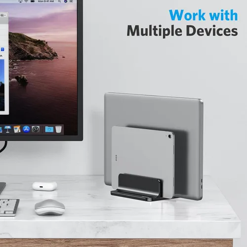 Vista 8 de OMOTON Soporte vertical para computadora portátil [versión doble actualizada], soporte de escritorio de aluminio para Mac Book con base ajustable
