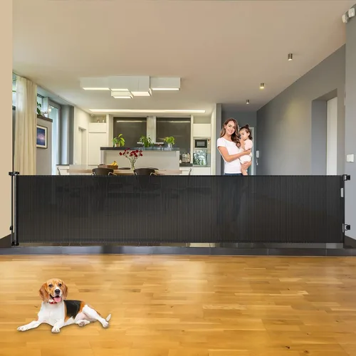 Vista 19 de Puertas retráctiles para bebés para puertas, puerta retráctil para perros de 55 pulgadas de ancho para escaleras, puertas de malla para perros
