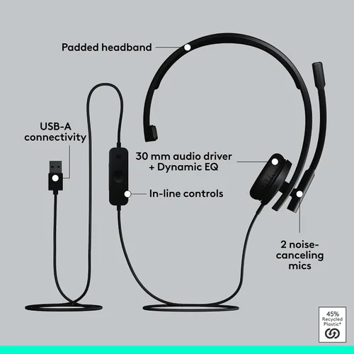 Vista 6 de Logitech H570e - Auriculares USB con micrófono para PC y Mac, auriculares con cable USB-A con sonido mono, micrófonos con cancelación de ruido
