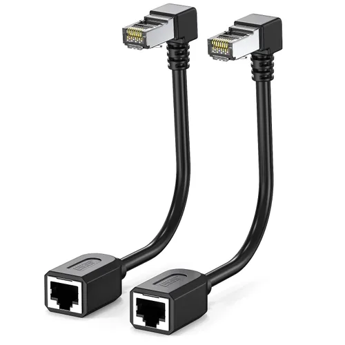 Vista 12 de Paquete de 2 cables de extensión Ethernet Cat 7 de 6 pulgadas, 10Gbps 90 grados en ángulo descendente RJ45 macho a hembra, cable de conexión LAN