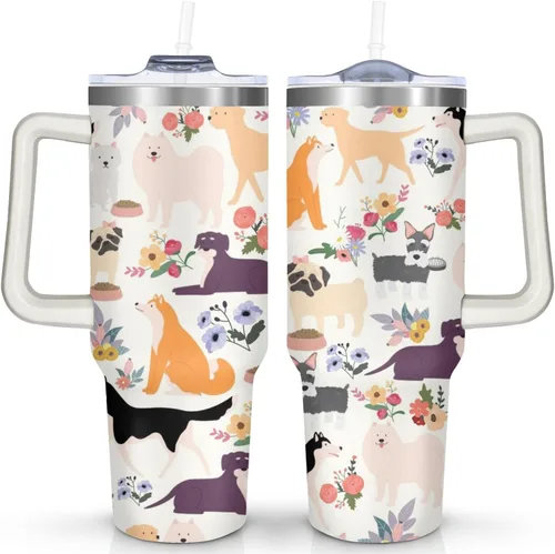 Vista 13 de Sunmdecor Vaso de 40 onzas con asa y pajitas de silicona, vaso aislado de café con asa, vaso de 40 onzas con asa