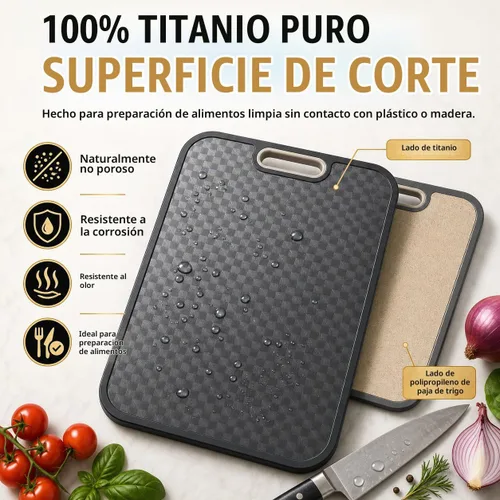 Vista 4 de Tabla de cortar de titanio para cocina, tabla de cortar de doble cara de grado alimenticio, titanio puro y paja de trigo PP, resistente a