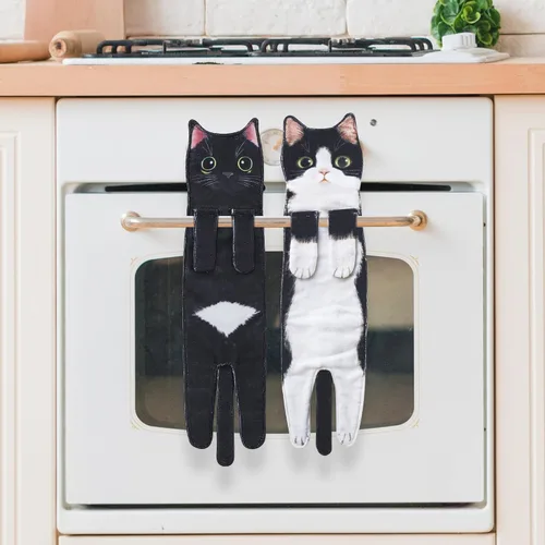 Vista 2 de Divertidas toallas de mano para decoración de baño y cocina, bonita toalla de mano colgante de gato, accesorios de cocina, ideas únicas de regalo