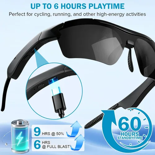 Vista 4 de Gafas de sol deportivas Bluetooth, lentes inteligentes con audio y altavoces integrados, protección UV polarizada, marco negro mate Open-Ear