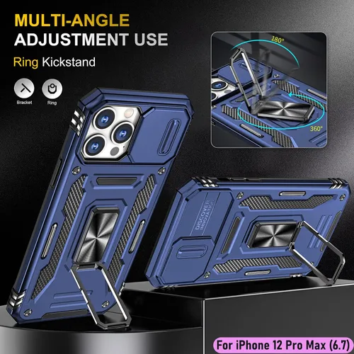 Vista 5 de Funda resistente para Apple iPhone 12 Pro Max, protector híbrido de goma de doble capa de grado militar con protector de cámara deslizante, soporte