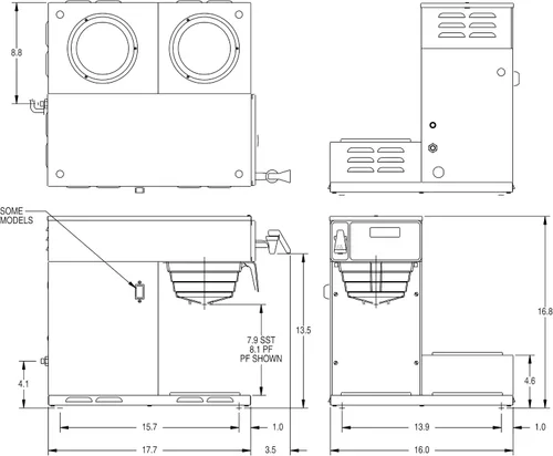 Vista 4 de [Usado] BUNN Axiom DV-3, cafetera comercial automática de doble voltaje para 12 tazas, 3 calentadores inferiores, 38700.0009, gris, 7.5 galones