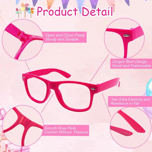 Vista 4 de SUNOVELTIES Paquete de 12 gafas cuadradas ultraligeras sin lente para disfraz, color neón, recuerdos de fiesta para niños y niñas, accesorios
