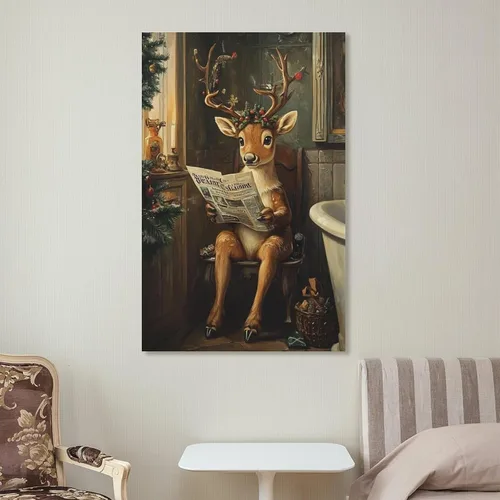 Vista 7 de Arte De Pared En Lienzo Vintage De Reno Navideño, Impresiones De Imágenes De Renos, Alces Sentados En El Inodoro, Pintura De Invierno, Póster Para