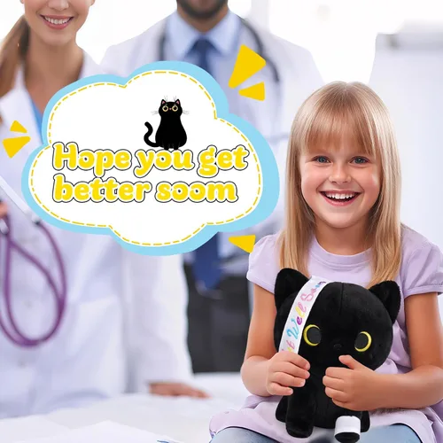 Vista 3 de Regalos para mujeres y niños, peluche de gato negro de 8 pulgadas, animales de peluche con texto en inglés "Get Well Soon", peluches de gato kawaii