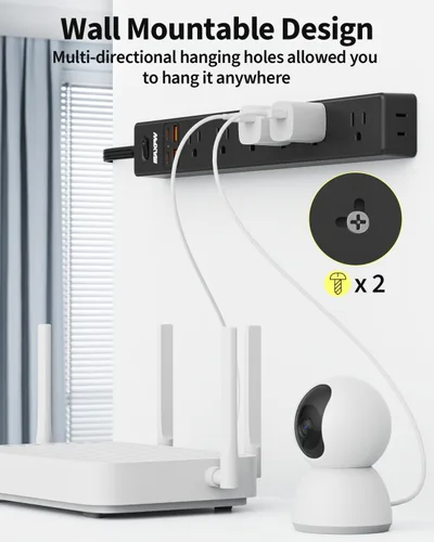 Vista 7 de Regleta protectora de sobretensiones de 10 pies, 7 tomacorrientes, 4 puertos USB (2 USB C), cable de extensión plano ultrafino y enchufe plano, 1700