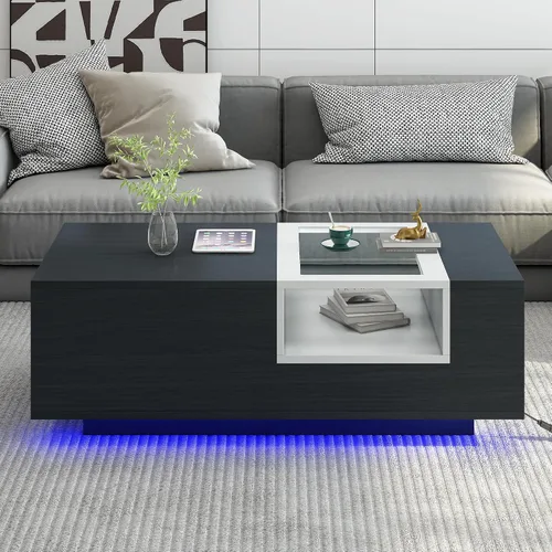 Vista 18 de Mesa de centro moderna con vidrio templado, mesa de cóctel de madera con superficie UV de alto brillo, mesa central rectangular modernista de 2 Negro