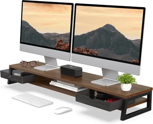 Vista 12 de Fenge Soporte de monitor doble, elevador de monitor con cajón, soporte de monitor de computadora grande de 42.5 pulgadas para 2 monitores, estante