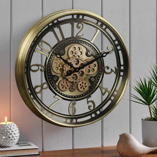 Vista 7 de CLXEAST Reloj de pared de engranajes en movimiento industrial de 21 pulgadas, reloj de pared moderno de estilo granja con números arábicos, funciona