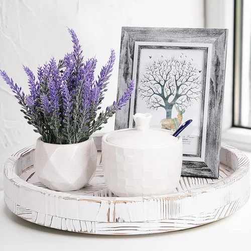 Vista 5 de Tocadiscos de madera rústica de 12 pulgadas para mesa, bandeja giratoria decorativa de espiga blanca Tomoaza para mesa, centro de mesa de comedor