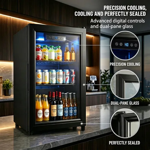 Vista 3 de Refrigerador de bebidas, mini refrigerador de 1.8 pies cúbicos con puerta de vidrio y control electrónico de temperatura para cerveza, vino
