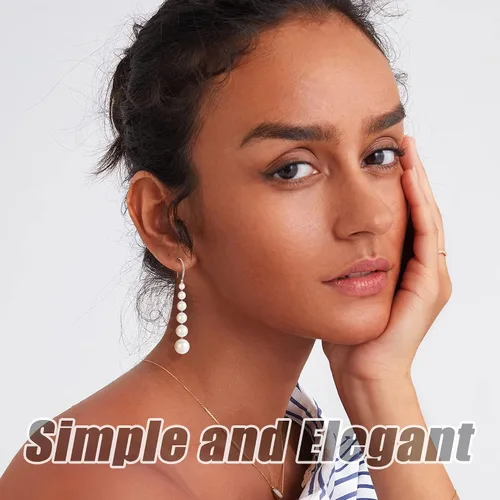 Vista 3 de Aretes largos de perlas para mujer, chapados en oro de 14 quilates, aretes colgantes de borla de plata de ley con poste de perlas largas para baile