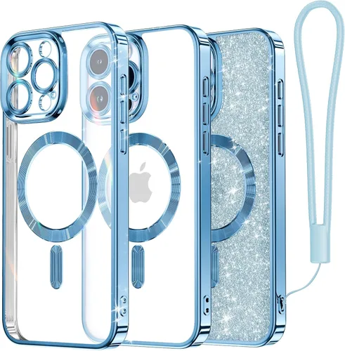Vista 79 de Meifigno Funda diseñada para iPhone 16 Pro de 6.3 pulgadas, [Tarjeta con Purpurina y Correa para la Muñeca] [Compatible con MagSafe] Protección